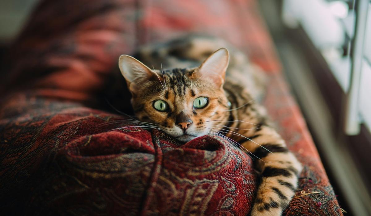 A stunning Bengal cat lounging comfortably, its bright green eyes fixed on the camera with curiosity.