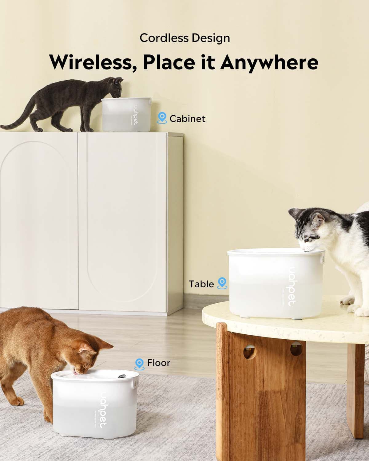 Uahpet GLOW wireless pet water fountain can be placed in everywhere since it is wireless!