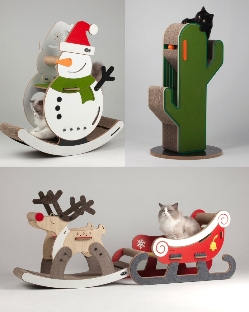 Cat Tree Mega Bundle - Rocking Reindeer & Snowmobile & Swinging Snowman & 19" Cactus Style